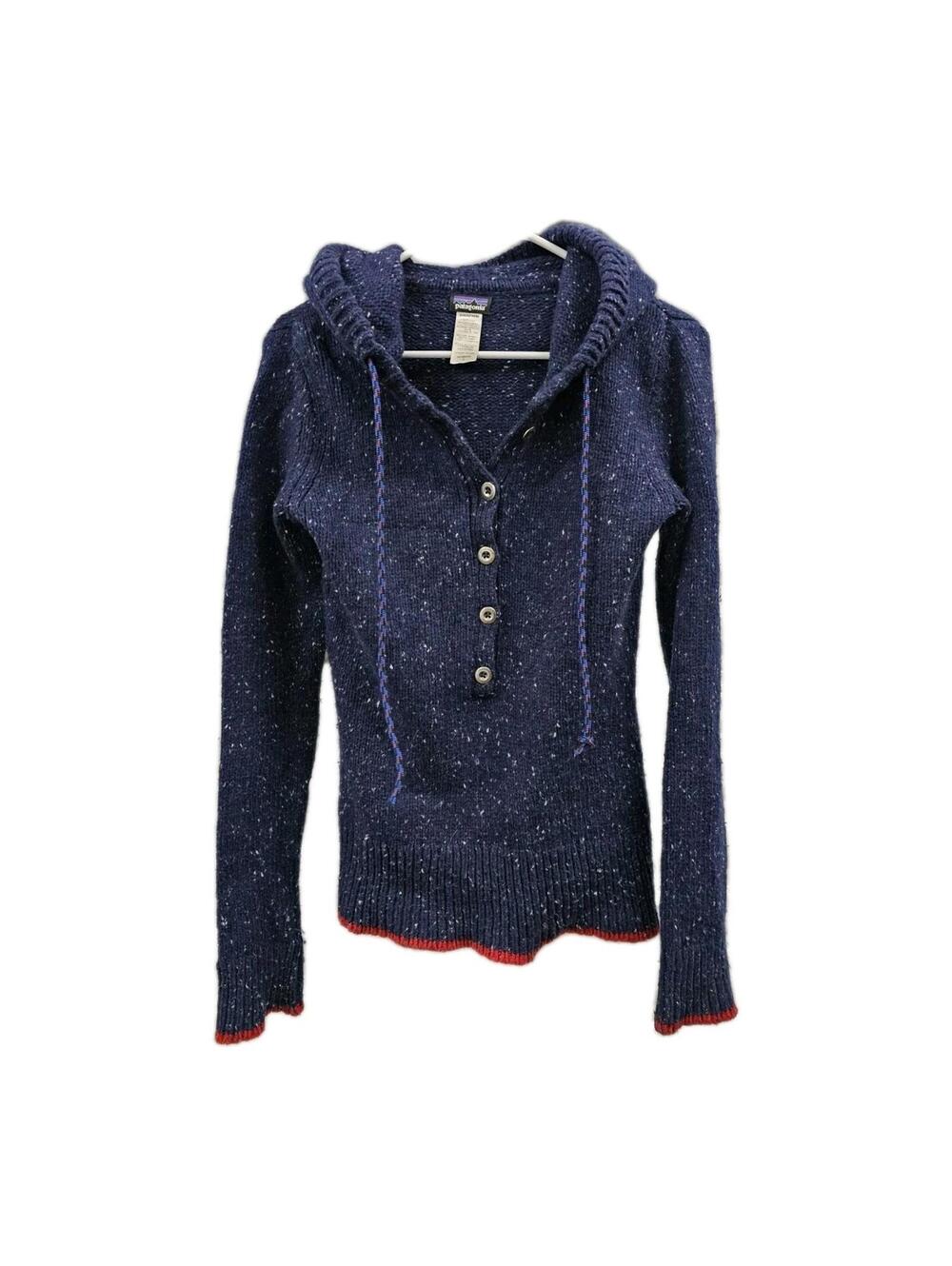Patagonia Hoodie Sweater Merino Wool Button Pullover Blue Red Trim Women's Small